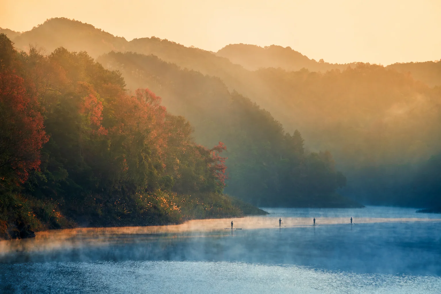 Quatro pessoas praticando stand up paddle em um lago sereno ao nascer do sol