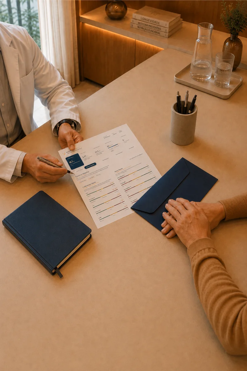 Médico da LONGEWIG analisando um relatório personalizado de saúde com um paciente
